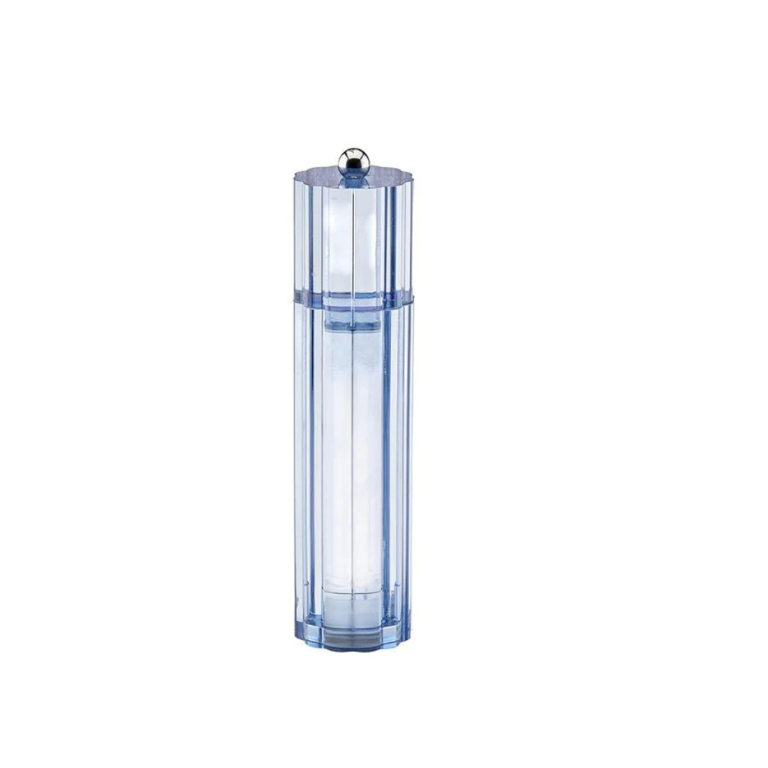 The Addison Ross Flute Salt & Pepper Shaker is a clear, cylindrical shaker with a blue tint, faceted design, small metallic top knob, and durable ceramic mechanism, shown standing upright against a white background.