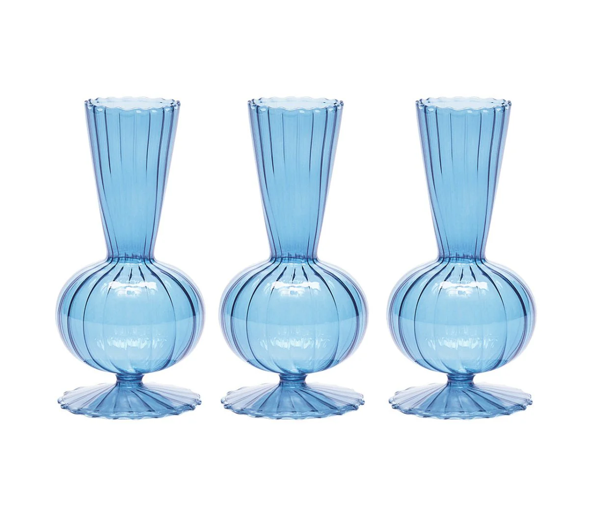 The Kim Seybert Tess Bud Vase Set of 3 in blue features identical hand-blown glass vases with ribbed, spherical bases and flared, textured rims, arranged in a row against a white background.