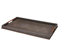 Large rectangular Addison Ross Faux Shagreen Tray Anthracite in dark gray with bronze metal trim and cutout handles on the ends.