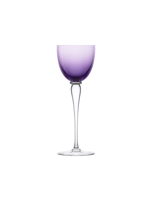 A Saint-Louis/Hermes Amadeus Hock Stemware glass features a tall stem and a subtly purple-tinted bowl, set against a plain white background.