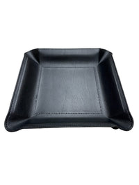 The Leather Valet Tray Medium by Graphic Image is a black, rectangular leather organizer with raised, curved edges and visible stitching, designed for men and styled elegantly on a white background.