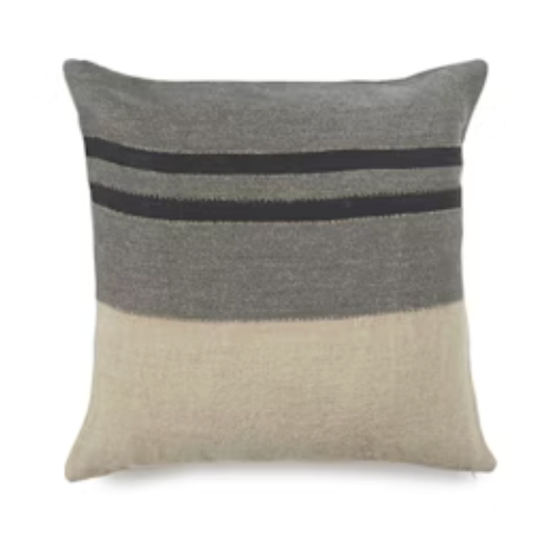 The Libeco Home Blackhouse Pillow Charcoal features a color-block design with a gray top accented by two black stripes and a beige bottom, inspired by the Black House Stripe collection. Includes a luxurious down insert for extra comfort.