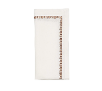 The Filament Napkin Set of 4 in White & Brown by Kim Seybert features neatly folded white napkins accented with a decorative brown embroidered border along two edges, creating an elegant addition to your dining table linens.
