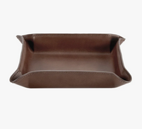 The Graphic Image Leather Valet Tray Medium, a rectangular brown leather tray with raised edges and curved corners, is ideal as a nightstand tray or men's organizer. Shown empty against a white background.