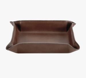 The Graphic Image Leather Valet Tray Medium, a rectangular brown leather tray with raised edges and curved corners, is ideal as a nightstand tray or men's organizer. Shown empty against a white background.