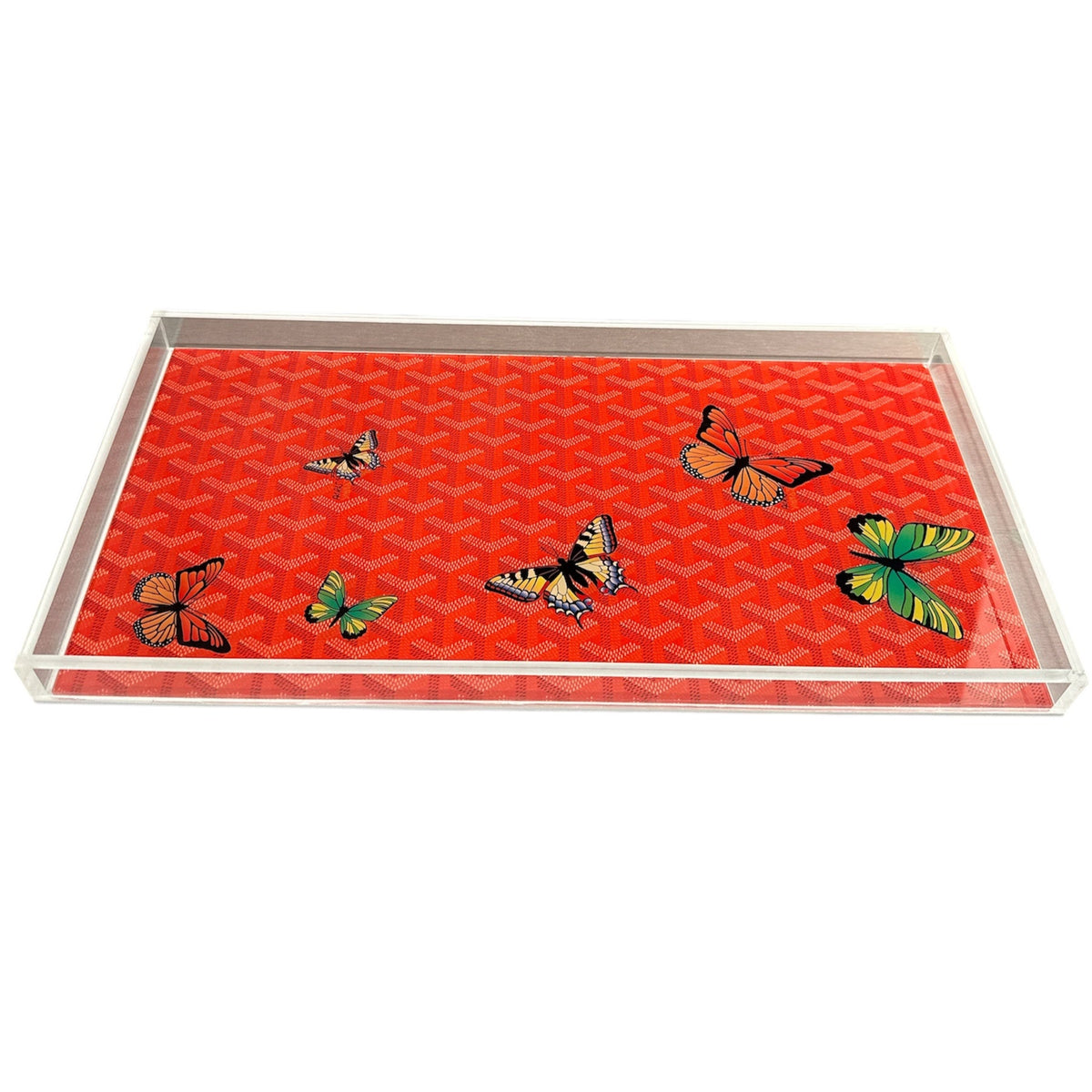 The Eye Candy Grandeur Tray - Maison Orange Butterflies features a vibrant orange patterned base adorned with colorful butterflies, making it a striking and decorative serving tray for any setting.