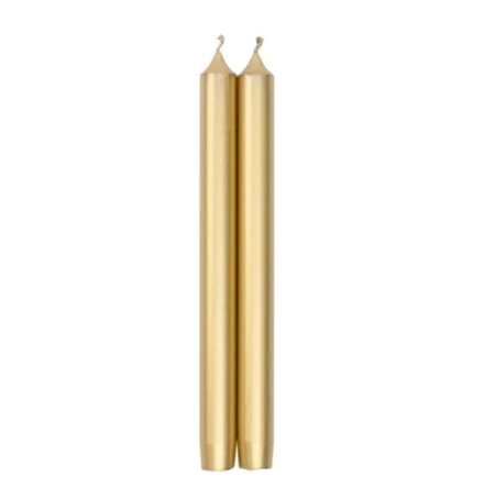 Two Crown Tapers Set of 2 - Metallic Gold taper candles standing side by side.