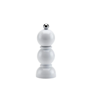 The Addison Ross Mini Bobbin Salt & Pepper Shaker features a modern, glossy white stacked design with a metallic knob and ceramic grinder mill, finished in high-gloss lacquer against a plain white background.