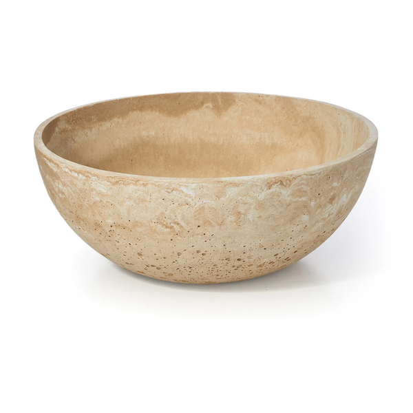 The Godinger Soleil Resin Serving Bowl - Sand is a round, shallow decorative bowl in a light beige tone with natural marble-like veining and texture, shown on a white background.