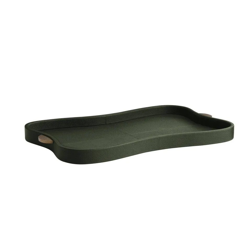 The Stohlman Tray by Arteriors is a dark green, rectangular modern tray with curved edges and dual handles, crafted from premium embossed leather, shown on a white background.