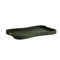 The Stohlman Tray by Arteriors is a dark green, rectangular modern tray with curved edges and dual handles, crafted from premium embossed leather, shown on a white background.