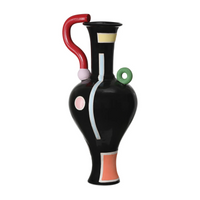 The Matisse Vase - Large by Currey & Company is a sculptural black ceramic piece with a flared rim, narrow neck, geometric pastel designs, red curved handle, green circular accent, and colorful panels—perfect for artistic home decor.