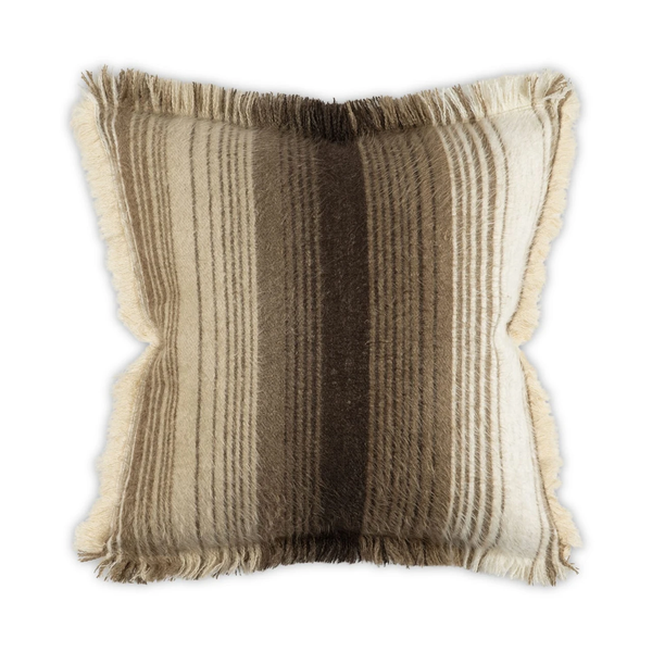 The Moss Studio Lineup Frayed Pillow - Natural 22 x 22 showcases vertical stripes in brown, beige, and cream tones, accented by fringed edges. Its soft and fuzzy texture enhances the cozy appeal of this decorative pillow, which stands out beautifully against a white background.
