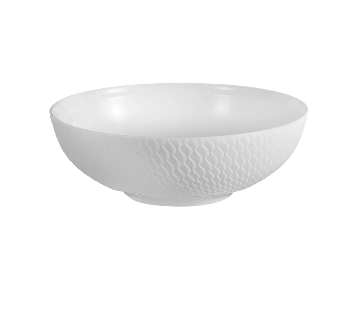 The Waves Relief N°41 Dinnerware by Meissen is a white ceramic bowl featuring a textured, wavy pattern on its exterior, reflecting the brand’s renowned German porcelain craftsmanship. This elegant piece is part of Meissen’s iconic Waves Relief collection and is displayed against a plain off-white background.