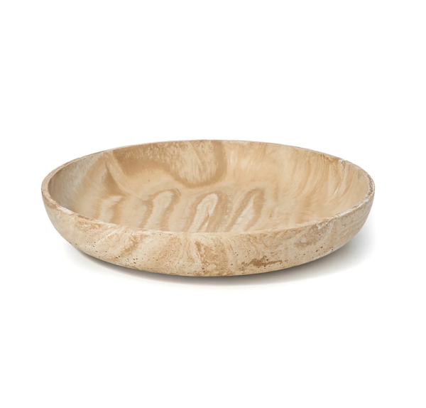 The Godinger Soleil Resin Low Bowl Sand - Large features a round, shallow design with a smooth marbled texture and natural stone-like look, displayed against a plain white background.