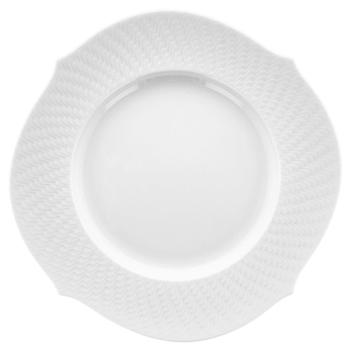 A white, round ceramic plate from the Meissen Waves Relief collection features a textured, wavy pattern on the rim that exudes modern elegance, beautifully displayed from above against a plain light background.