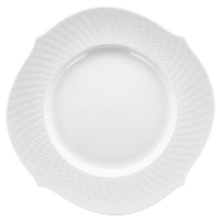 A white, round ceramic plate from the Meissen Waves Relief collection features a textured, wavy pattern on the rim that exudes modern elegance, beautifully displayed from above against a plain light background.
