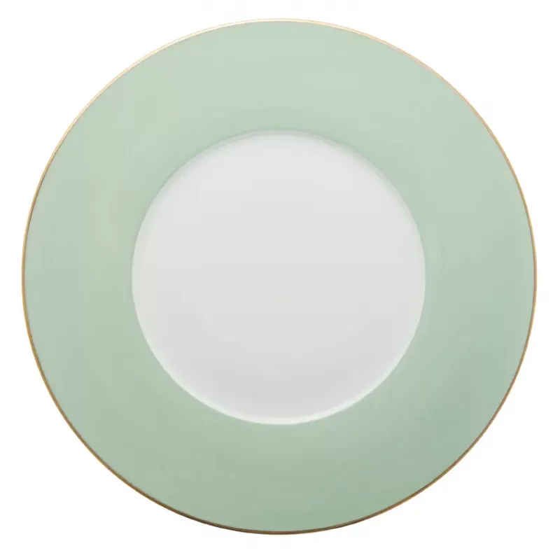 A round ceramic plate from the Haviland & Parlon Lexington Dinnerware-Celadon collection, featuring a wide pale green border, thin 22K gold rim, and plain white center.