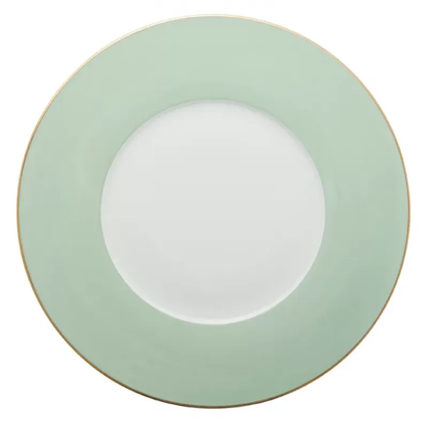 A round ceramic plate from the Haviland & Parlon Lexington Dinnerware-Celadon collection, featuring a wide pale green border, thin 22K gold rim, and plain white center.