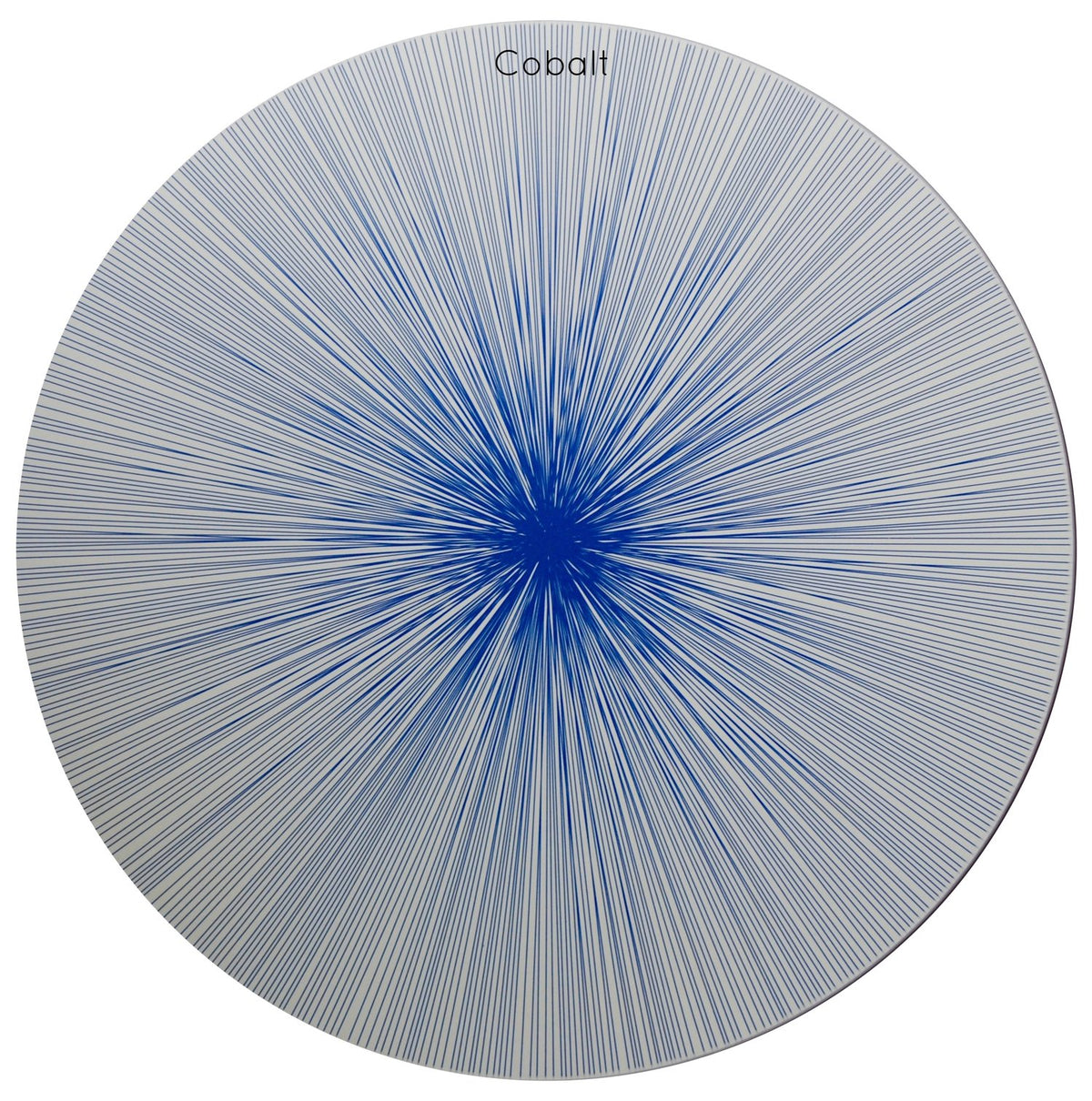 A set of four circular wooden placemats from Tisch New York, the Graphic Line Placemat set features the “Cobalt” design: bold blue lines radiate outward from the center across a white background, creating a dramatic starburst effect. Each placemat is crafted in the USA with a durable cork backing, combining artistic style with lasting functionality.