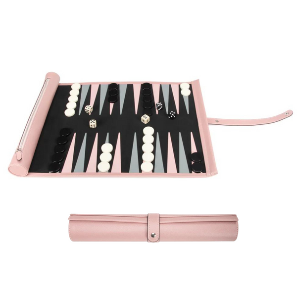 Rowan Travel Roll - Up Backgammon Set in blush. 