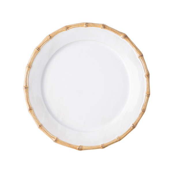 The Juliska Bamboo Dinnerware cake plate features white ceramic with a light brown, bamboo-style textured rim, displayed from above on a plain white background.