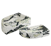 The Fallon Stone Curved Tray Set by Currey & Company includes two rectangular trays—one large, one small—with black, white, and green marble-like swirls on composite stone, shown side by side.
