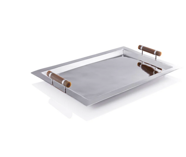 The Spector Serving Tray - Nickel / Amber by Zodax features a rectangular polished nickel design with raised edges and two cylindrical amber marbled handles at opposite ends, shown on a white background with a shadow beneath—a sophisticated choice for stylish entertaining.