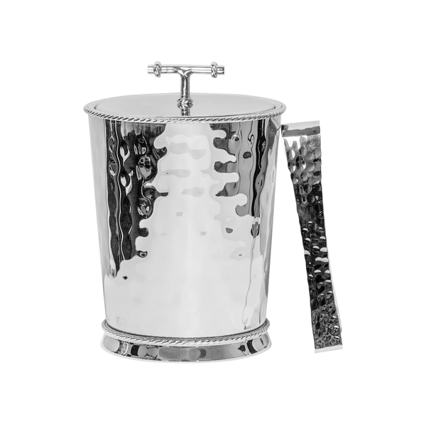 The Juliska Graham Ice Bucket with Lid and Tongs features hammered stainless steel, rope-like rim and base details, a matching lid and handle, plus tongs—combining style and function for elegant serving.