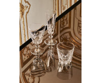 Two ornate Queen’s Hall Champagne Flute- Set of 4 glasses and one crystal tumbler standing on a reflective surface.