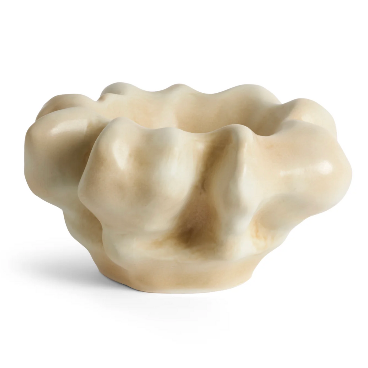The Timna Coupe - Latte by L’Objet is a cream-colored ceramic bowl featuring a wavy, sculpted rim and organic, irregular shapes reminiscent of a flower or abstract form—evoking the elegance of fine porcelain and making it an ideal addition to any luxury gift box.