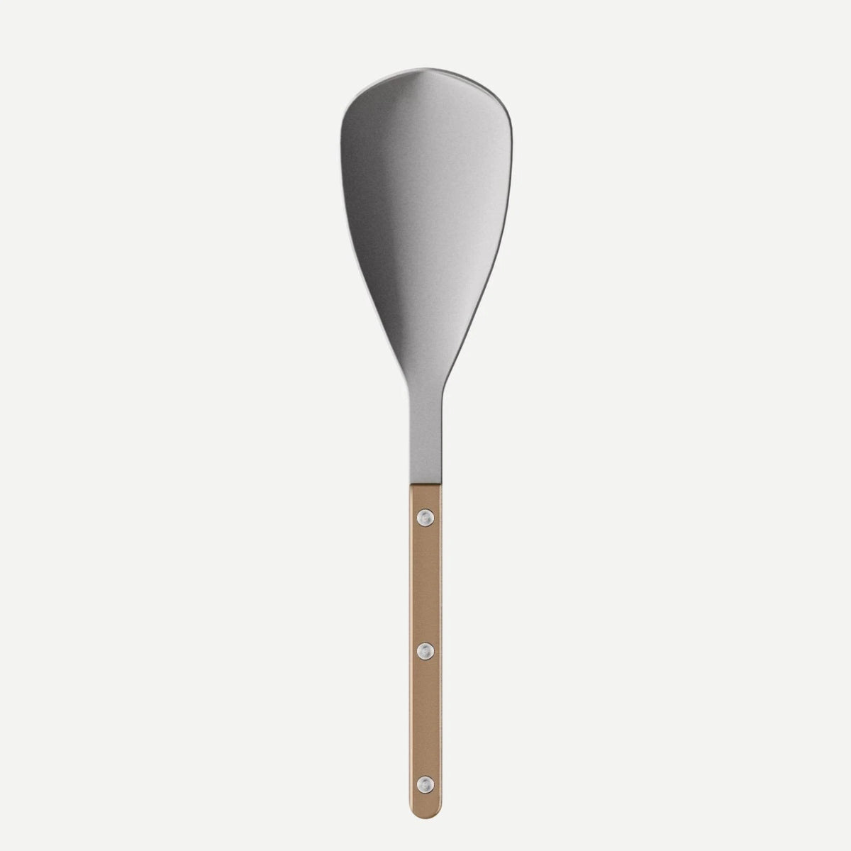 The Bistrot Shiny Rice Spoon Pearly by Sabre features a wide, flat blade and a light brown wooden handle with three metal rivets—ideal for customizable cutlery collections, shown on a white background.