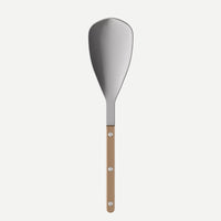 The Bistrot Shiny Rice Spoon Pearly by Sabre features a wide, flat blade and a light brown wooden handle with three metal rivets—ideal for customizable cutlery collections, shown on a white background.