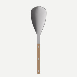 The Bistrot Shiny Rice Spoon Pearly by Sabre features a wide, flat blade and a light brown wooden handle with three metal rivets—ideal for customizable cutlery collections, shown on a white background.