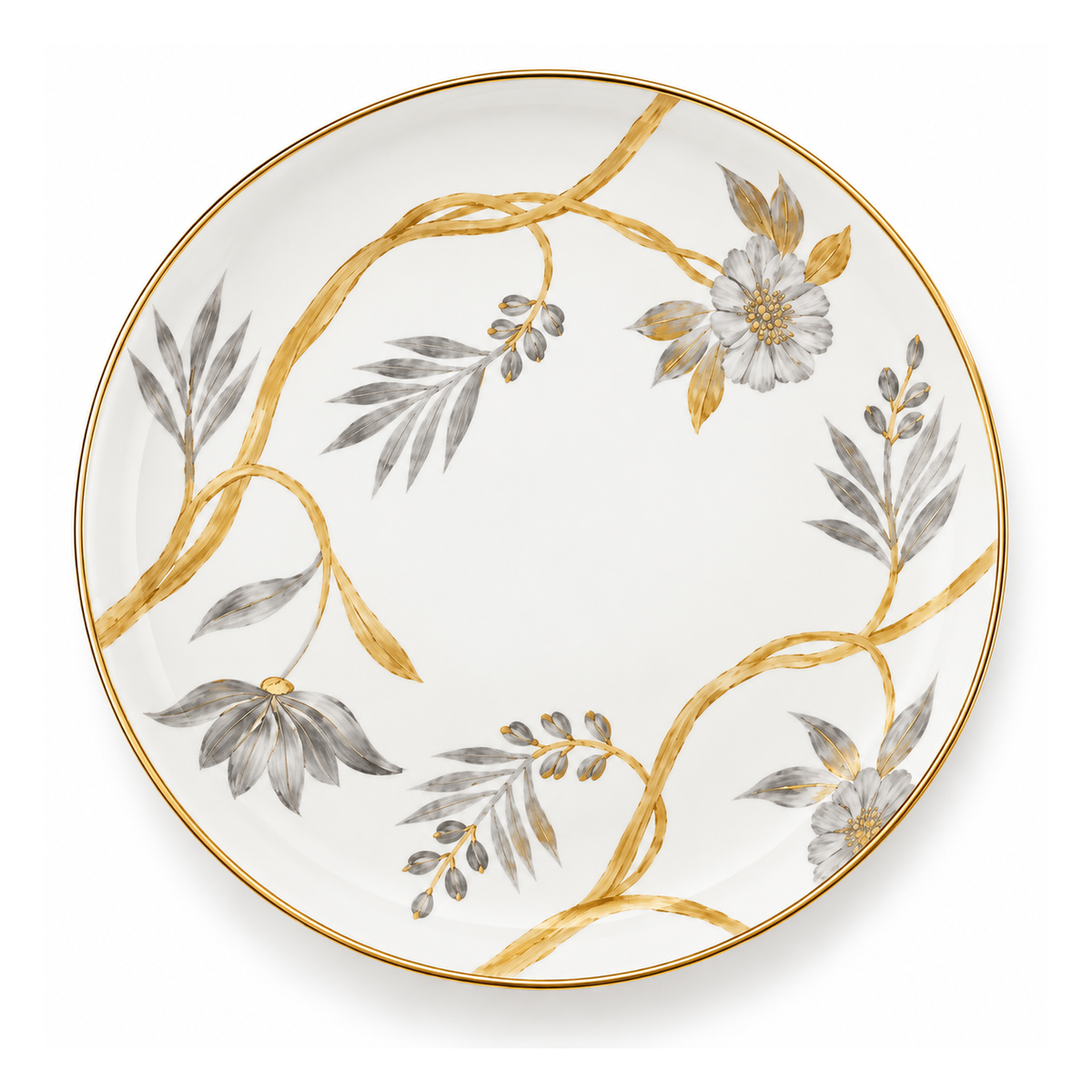 Marie Daâge Bouquet De Vie 1 dinner plate in white Limoges porcelain with a gold rim and a delicate pattern of gold vines featuring grey and gold botanical blossoms and leaves.