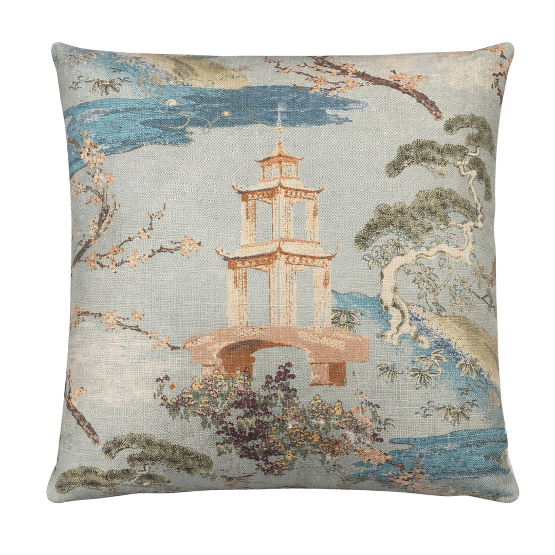 The Decor Fifty-Five Zen Pillow Seaspray 22 x 22 features an Asian-inspired landscape with a pagoda, trees, and water in soft blue, green, and beige linen, adding a tranquil touch to your decor.