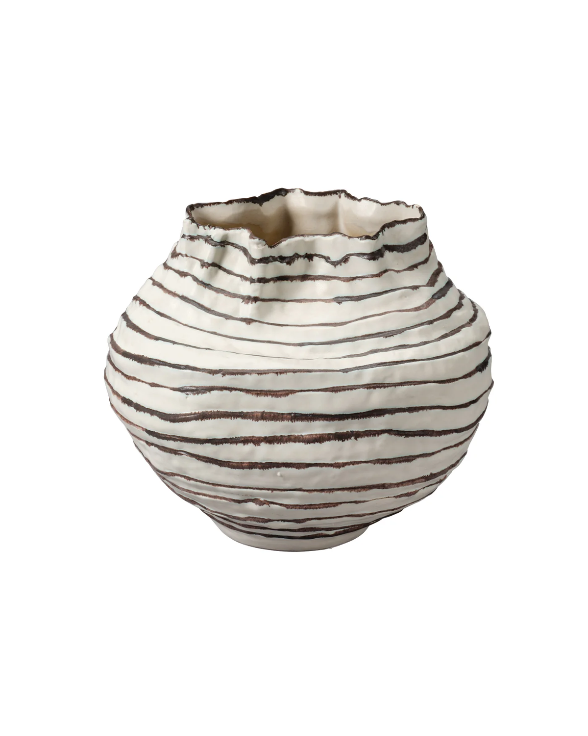 The Cocoon Vase Wide by Jamie Young is a round, white ceramic vase with an uneven rim and hand-drawn-style dark brown horizontal stripes that encircle its textured, wavy surface. Sculpted with gentle curves, this artisanal piece features a unique striped pattern that accentuates its distinctive design.