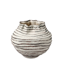 The Cocoon Vase Wide by Jamie Young is a round, white ceramic vase with an uneven rim and hand-drawn-style dark brown horizontal stripes that encircle its textured, wavy surface. Sculpted with gentle curves, this artisanal piece features a unique striped pattern that accentuates its distinctive design.