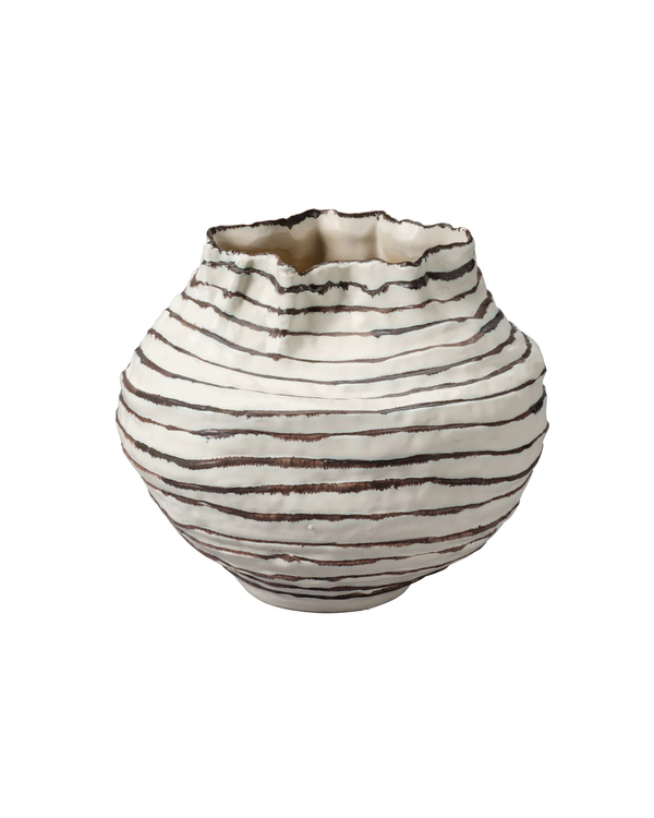 The Cocoon Vase Wide 10″ H by Jamie Young features round, white ceramic with sculpted curves, uneven wavy black stripes, and an asymmetric opening, shown against a plain white background.