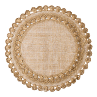 The Isadora Placemat Set of 4 by Juliska features round beige placemats with a linen-like texture and intricate braided looped scalloped edges for a decorative touch.