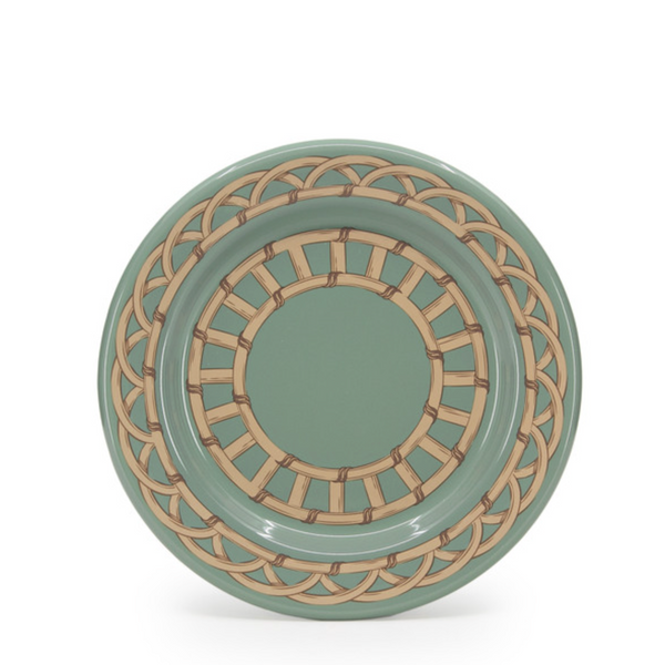 The Domino Wicker Dinnerware Set of 4 in Sea Blue by Crow Canyon Home features round plates with a muted green center and a decorative interwoven tan and brown rattan border on a white background.