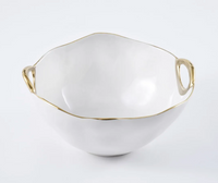 Introducing the PAMPA BAY Golden Handle Bowl—a high-fired, white porcelain bowl distinguished by its irregular, wavy rim and accented with two small gold handles. A slender gold trim along the rim enhances its elegance, making it a stunning piece of serveware. This beautiful bowl is showcased against a plain white background.
