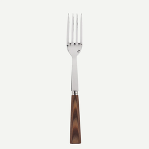 The Sabre Nature Serving Fork, featuring four long stainless steel tines and a polished chocolate-colored wood handle, is displayed vertically against a plain white background.