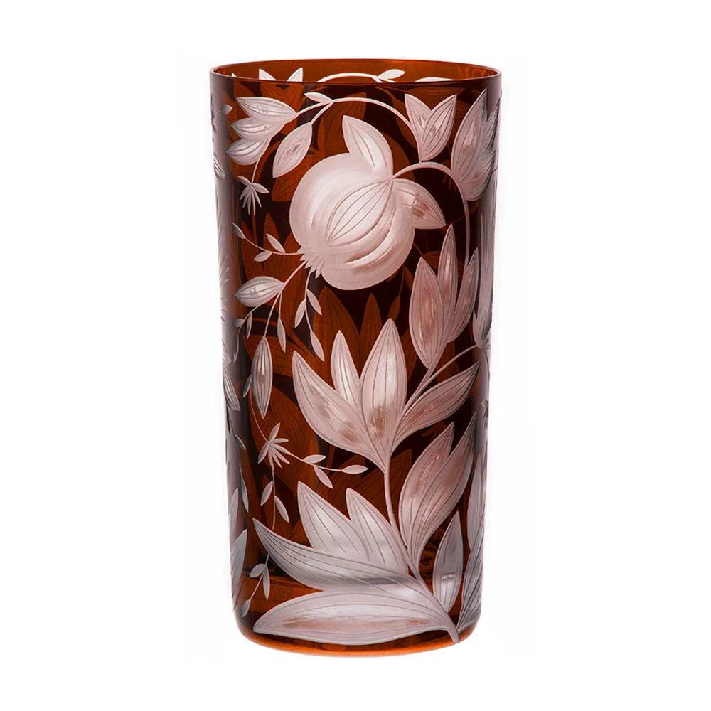 Amber Verdure Highball Jewel Colors glass etched with a pomegranate and botanical leaf pattern.