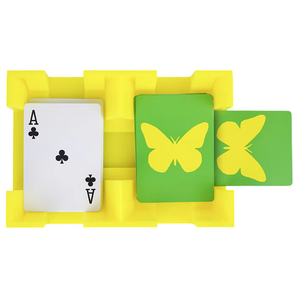 Canasta Sets’ Canasta Spinner is a yellow card holder that displays three cards—the Ace of Clubs and two green butterfly cards—making it perfect for game night.