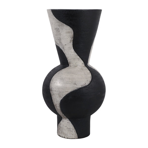 The Sagebrook Home Minimalist Bulb Vase Black & White - 23″ is a tall, sculptural terracotta vase with a wide top and rounded center, adorned with black and off-white wavy patterns—making it a striking piece of modern home decor.