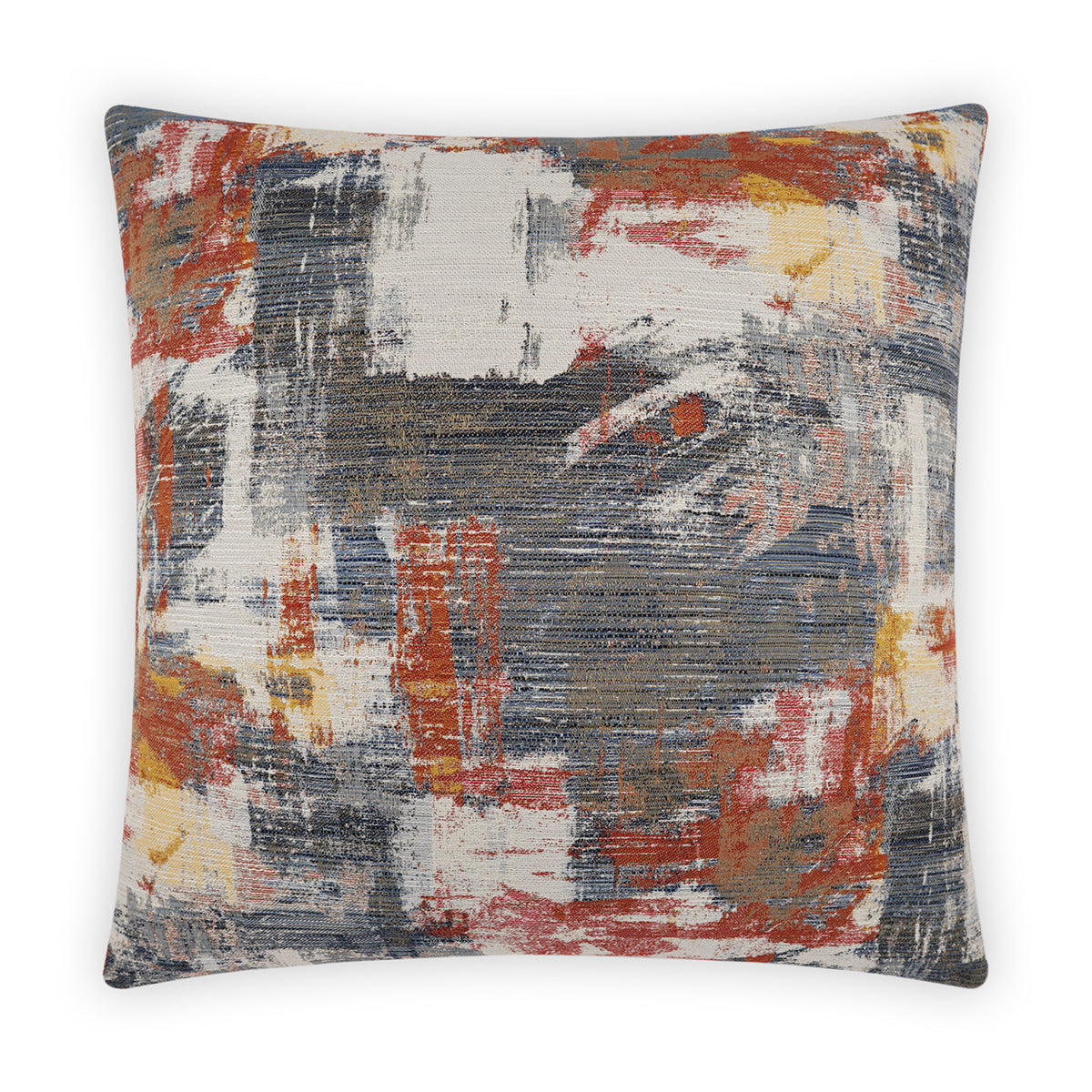 The Virgil Pillow by D.V. KAP / Canaan Company is a square decorative throw pillow featuring an abstract design in orange, red, gray, yellow, and white for a painterly look. Shown against a white background.