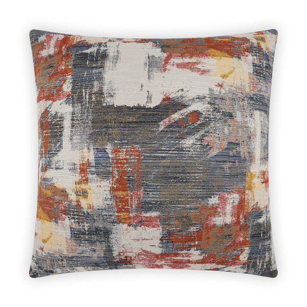The Virgil Pillow by D.V. KAP / Canaan Company is a square decorative throw pillow featuring an abstract design in orange, red, gray, yellow, and white for a painterly look. Shown against a white background.