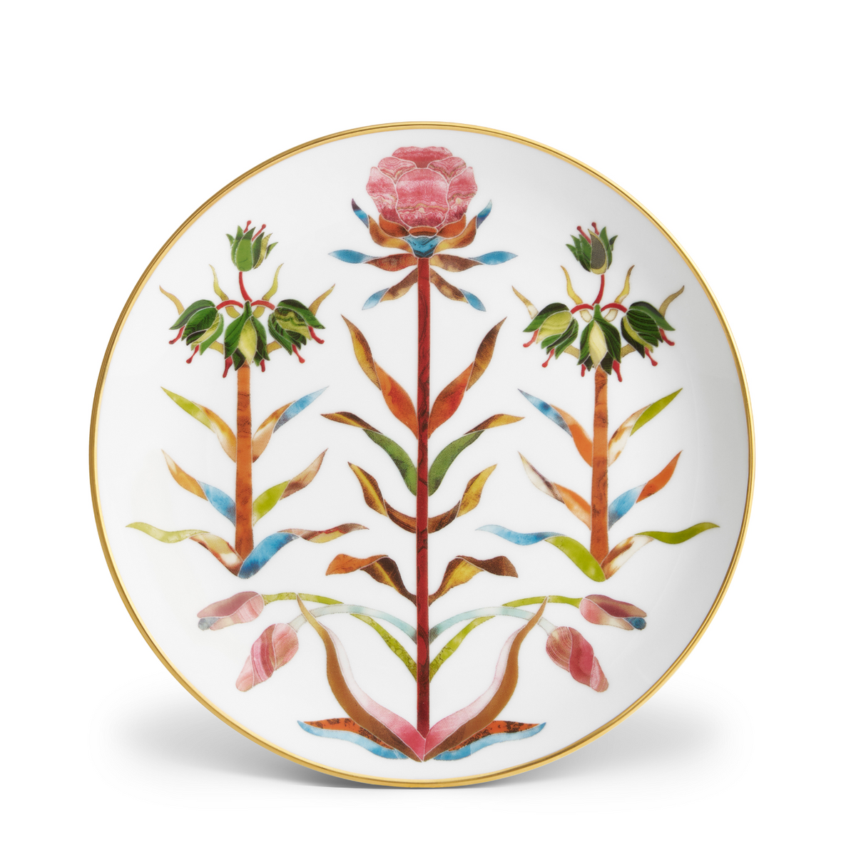 Handcrafted in Portugal, this L’Objet Grand Tour Dinnerware white porcelain plate features a 24k gold rim and a symmetrical, colorful floral design in the center.