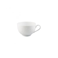 A Raynaud Mineral Dinnerware Glazed White teacup, featuring a subtle textured pattern and small handle, is displayed against a white background.